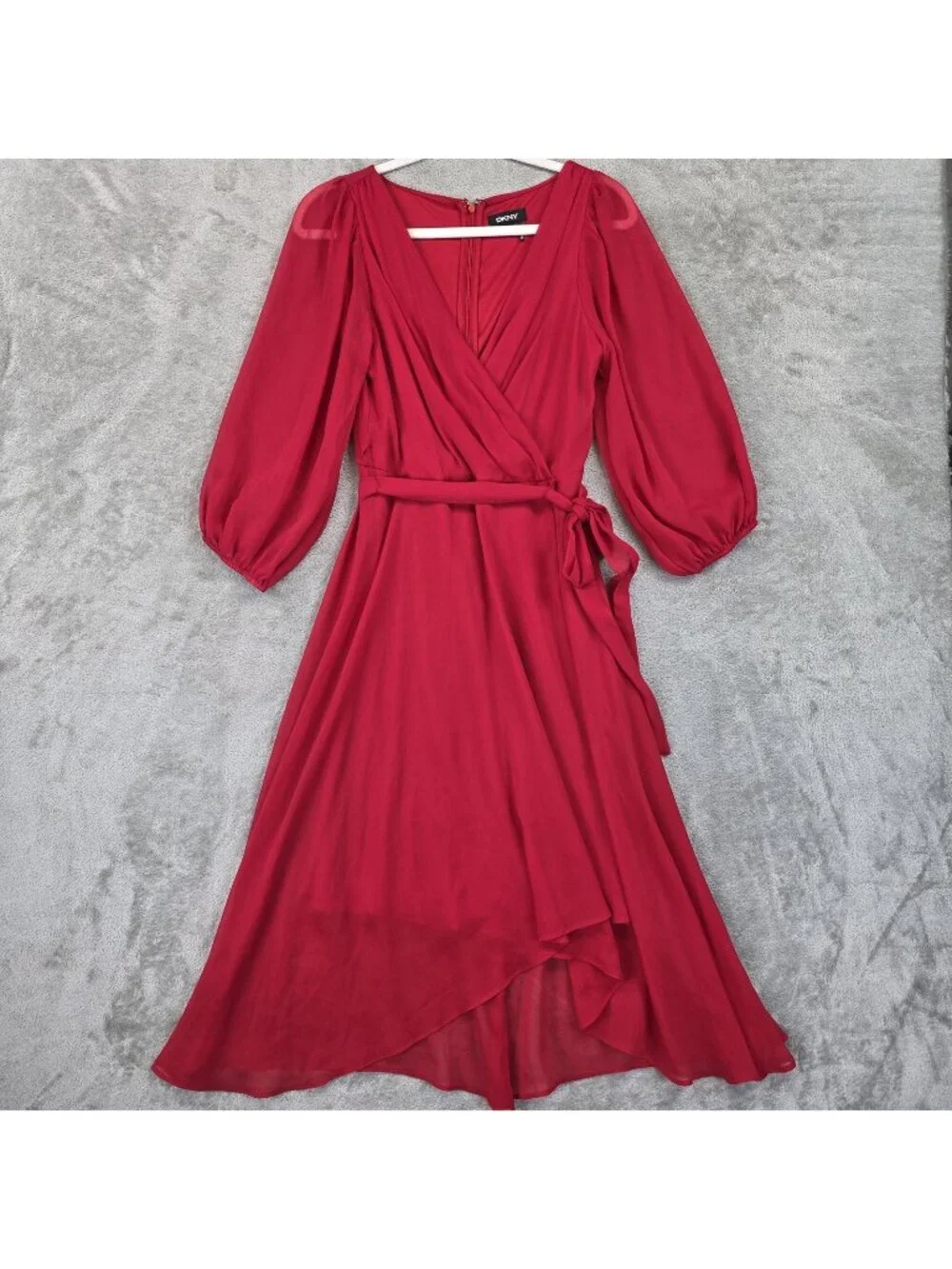 DKNY Dress Womens 6 Red Wrap V Neck Long Sleeve Chiffon Hi-Low Midi Belted